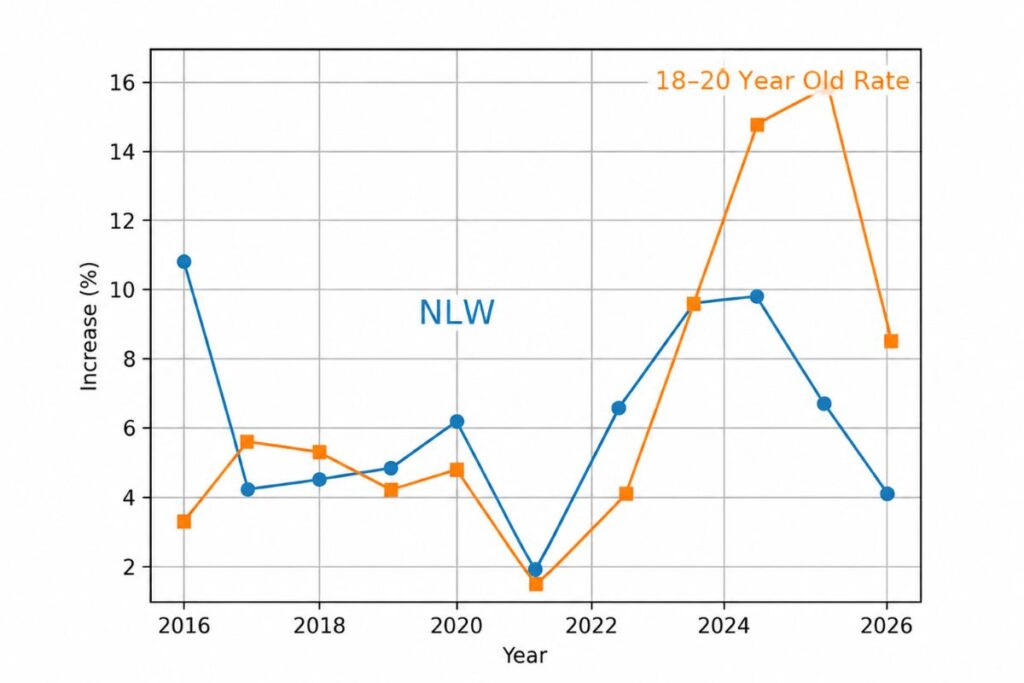 Growth in the NLW compared with inflation measures, per cent
